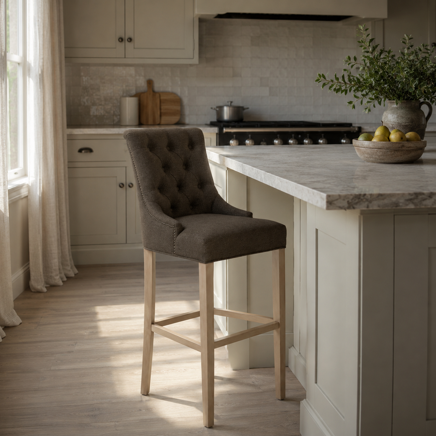 Bar Stool Verona - Brown Fabric & Natural Oak Legs - 60 x 59 x 131 cm
