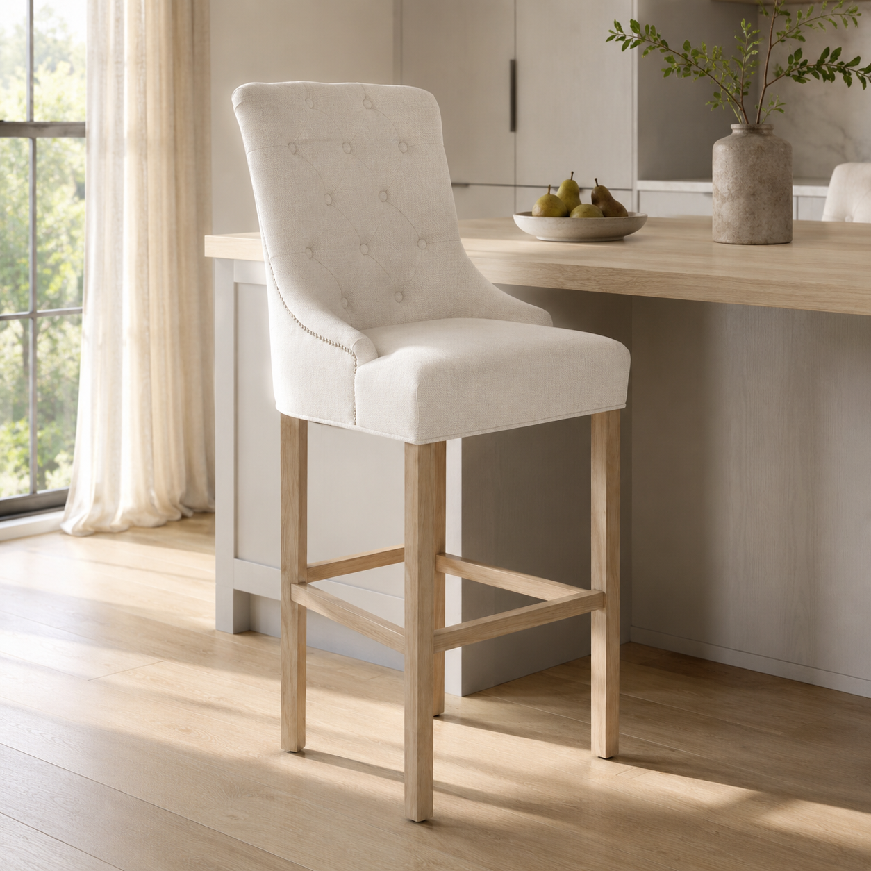 Bar Stool Verona - Light Beige Fabric & Natural Oak Legs - 60 x 59 x 131 cm