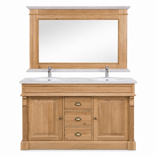 Country-style natural oak Arlington double vanity set with framed mirror, 150 cm wide, front view
