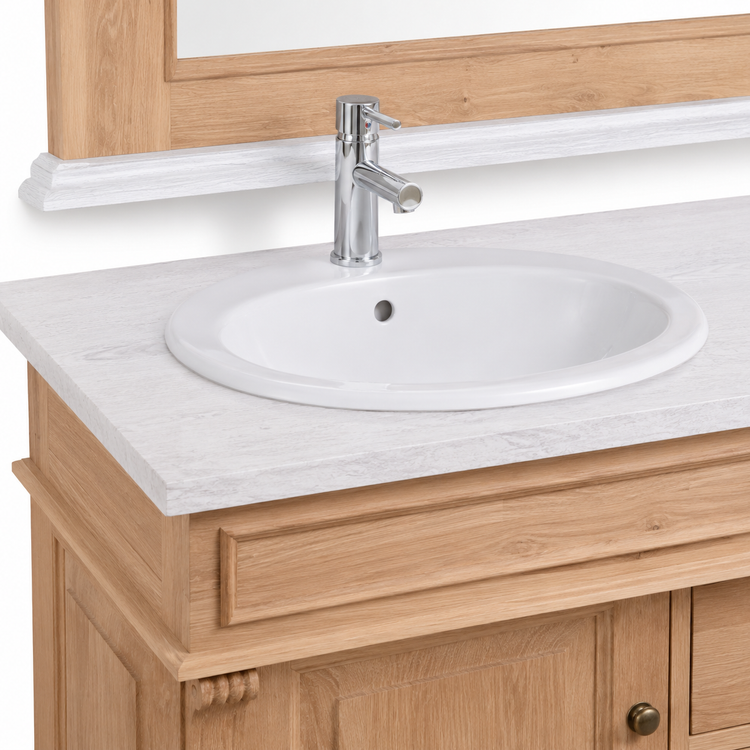 Close-up of white ceramic sink and chrome faucet on the oak Arlington vanity light stone top