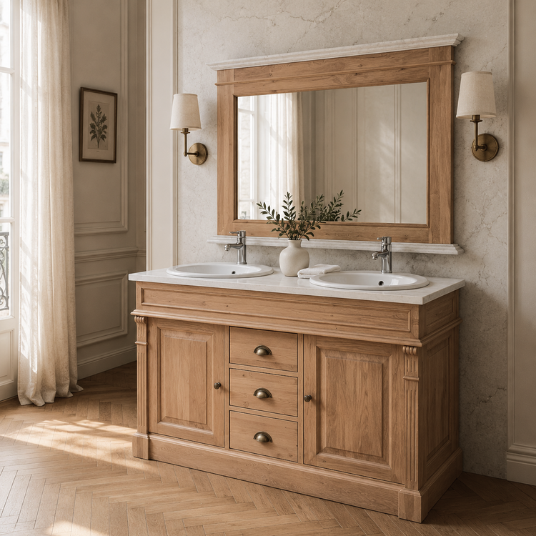 Country-style oak Arlington double vanity styled in an elegant bathroom with wall sconces and greenery