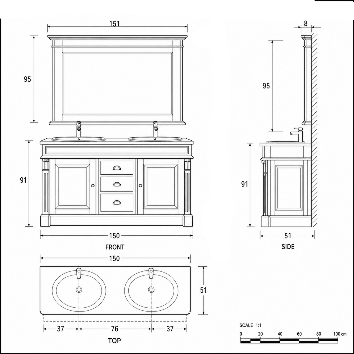 Dimensioned line drawing of the Arlington vanity set, front, side and top views, 150 x 51 x 91 cm