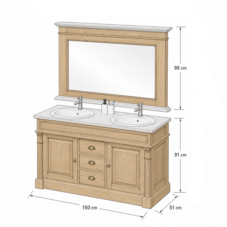 Dimensioned drawing of the Arlington double vanity and mirror set, 150 x 51 x 91 cm