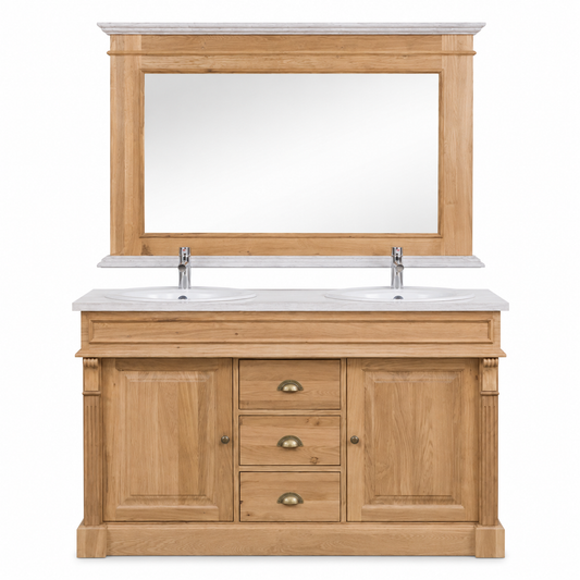 Country-style natural oak Arlington double vanity set with framed mirror, 150 cm wide, front view