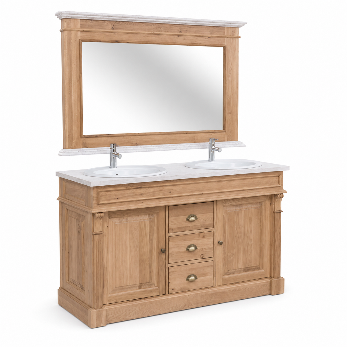 Country-style solid oak Arlington double vanity and mirror with brass cup handles, angled view