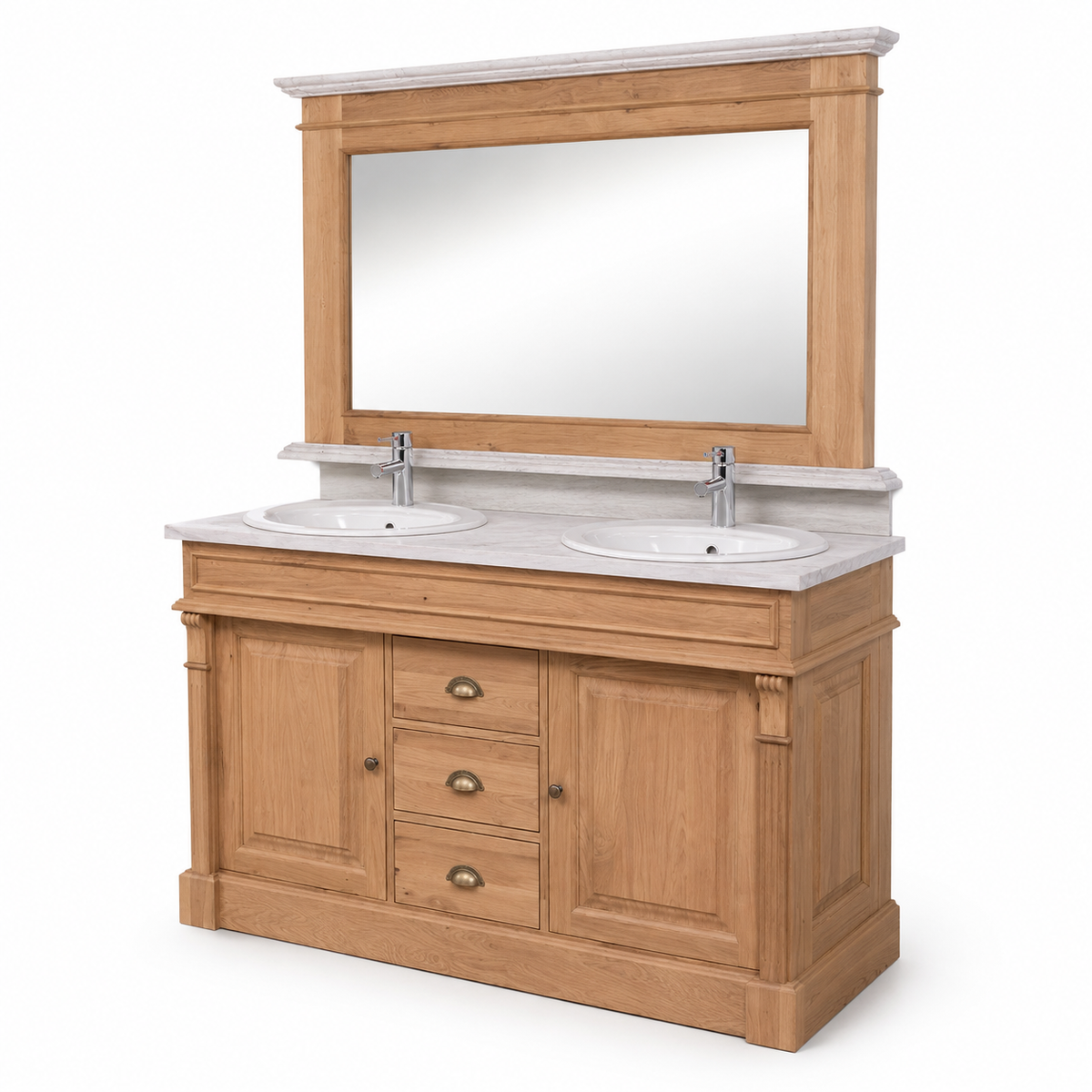 Solid oak Arlington double vanity set with raised-panel doors and three drawers, three-quarter view