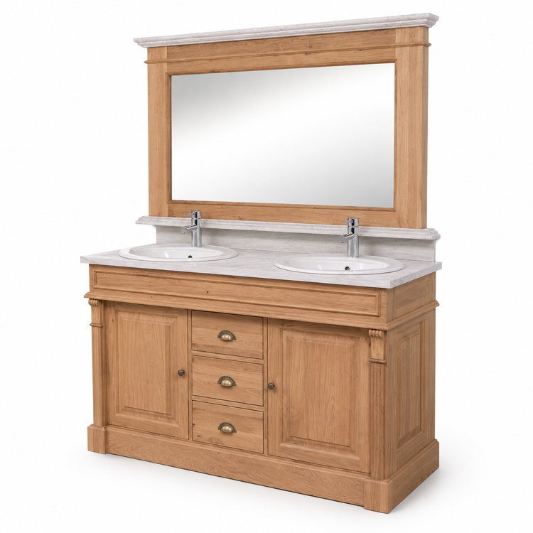 Solid oak Arlington double vanity set with raised-panel doors and three drawers, three-quarter view
