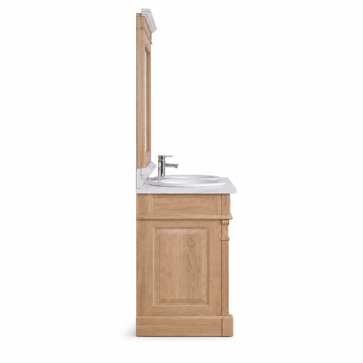 Side profile of the solid oak Arlington bathroom vanity and tall framed mirror, 51 cm deep