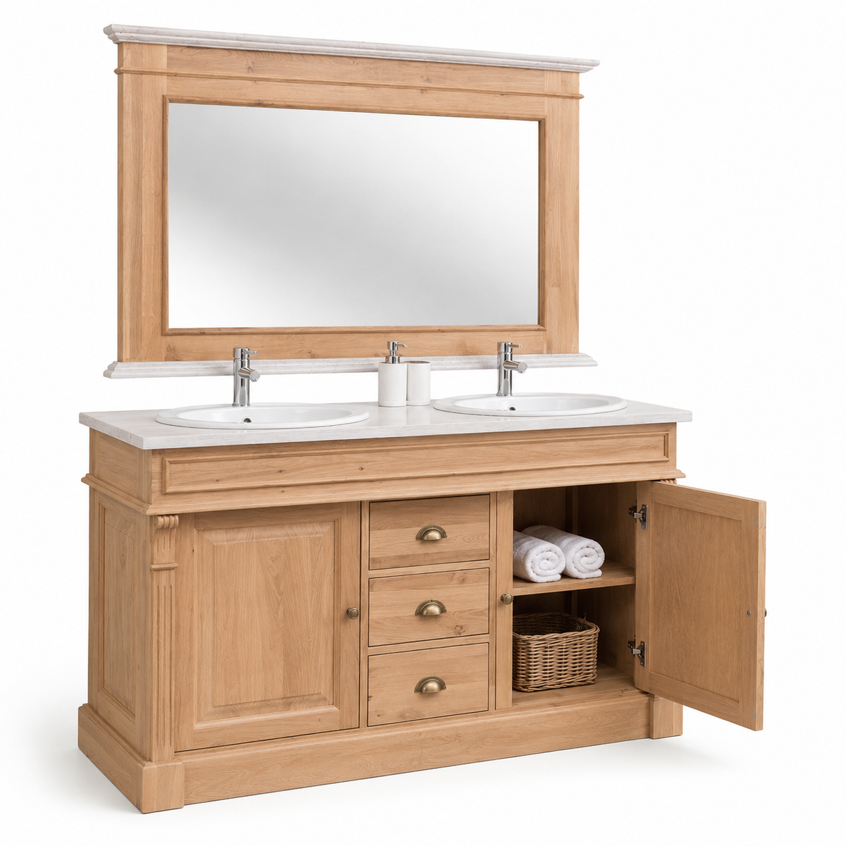 Natural oak Arlington vanity with open cabinet showing shelf, rolled towels and wicker basket