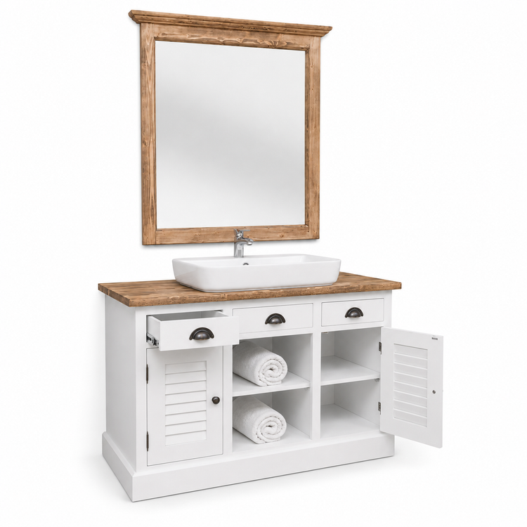 White Hampton bathroom vanity with open louvered doors and drawer revealing towel storage, angled view