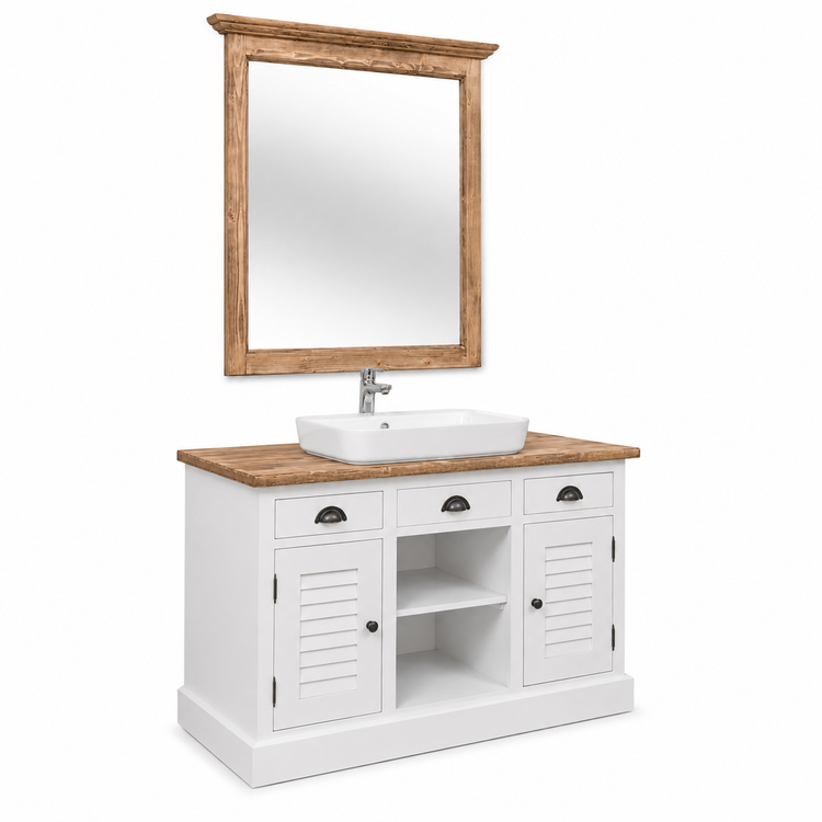 Country-style Hampton bathroom vanity set with mirror and shutter doors, natural wood top, angled view