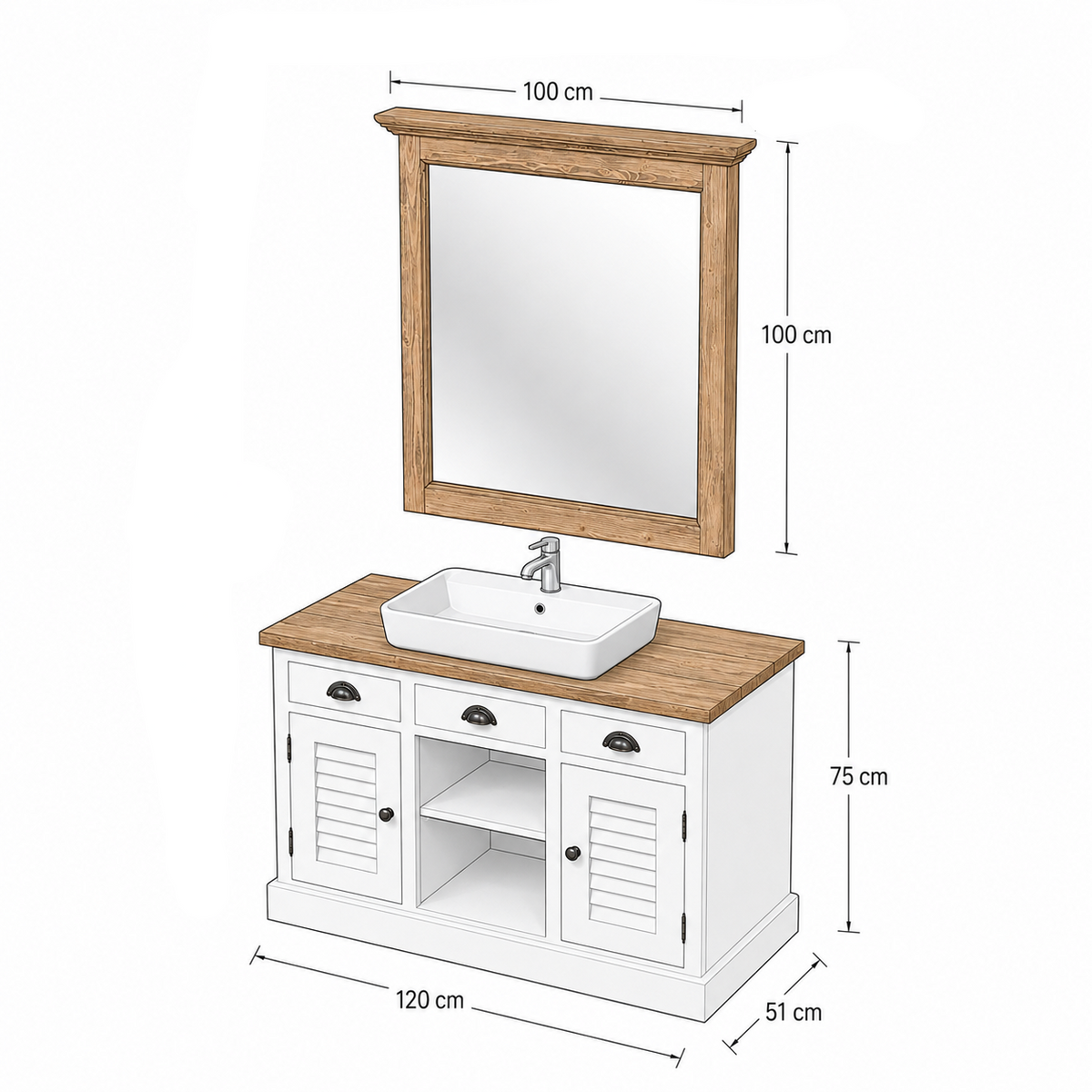Dimensioned line drawing of the Hampton bathroom vanity and mirror set, 120 x 51 x 75 cm