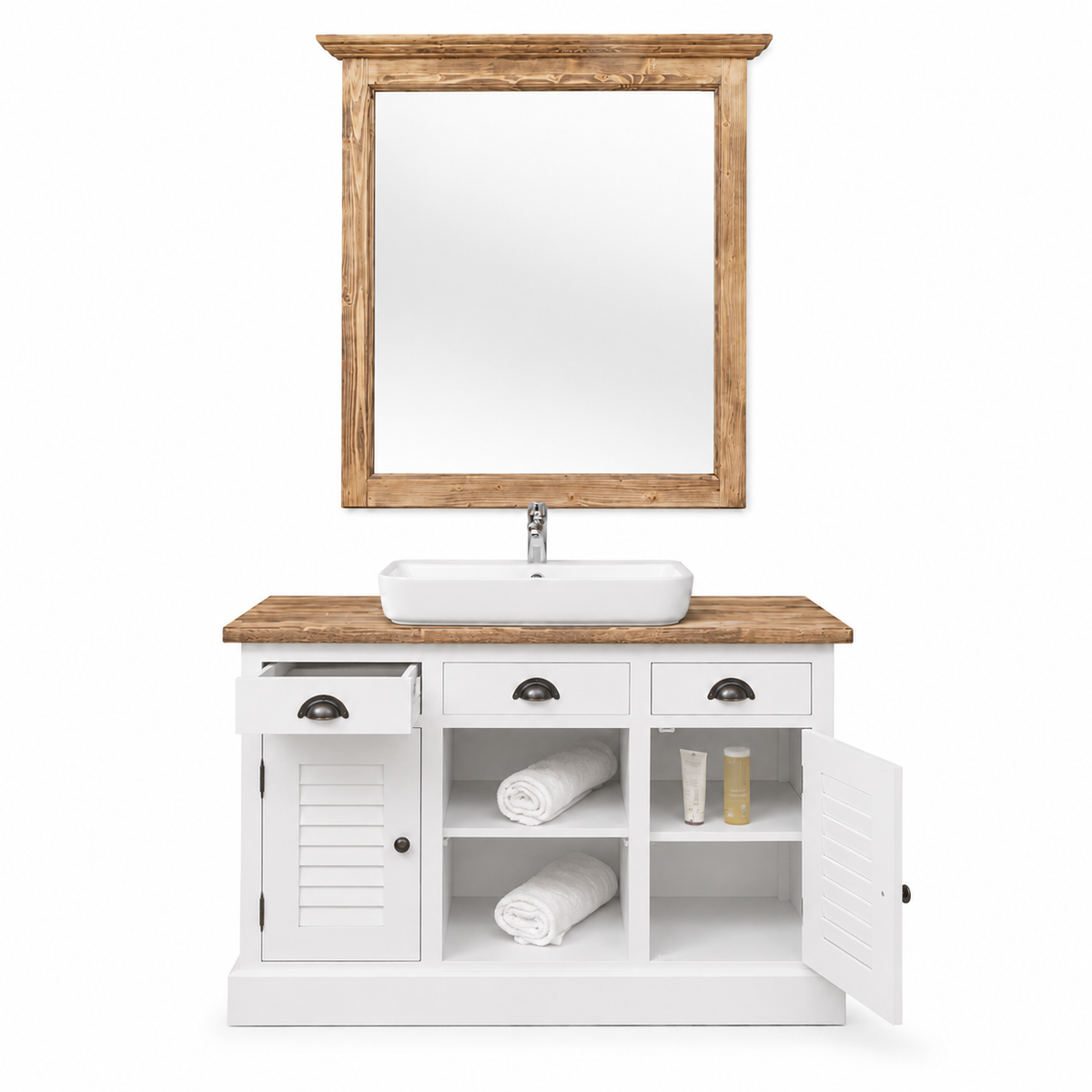 White Hampton bathroom vanity front view with open doors showing towels and toiletry storage shelves