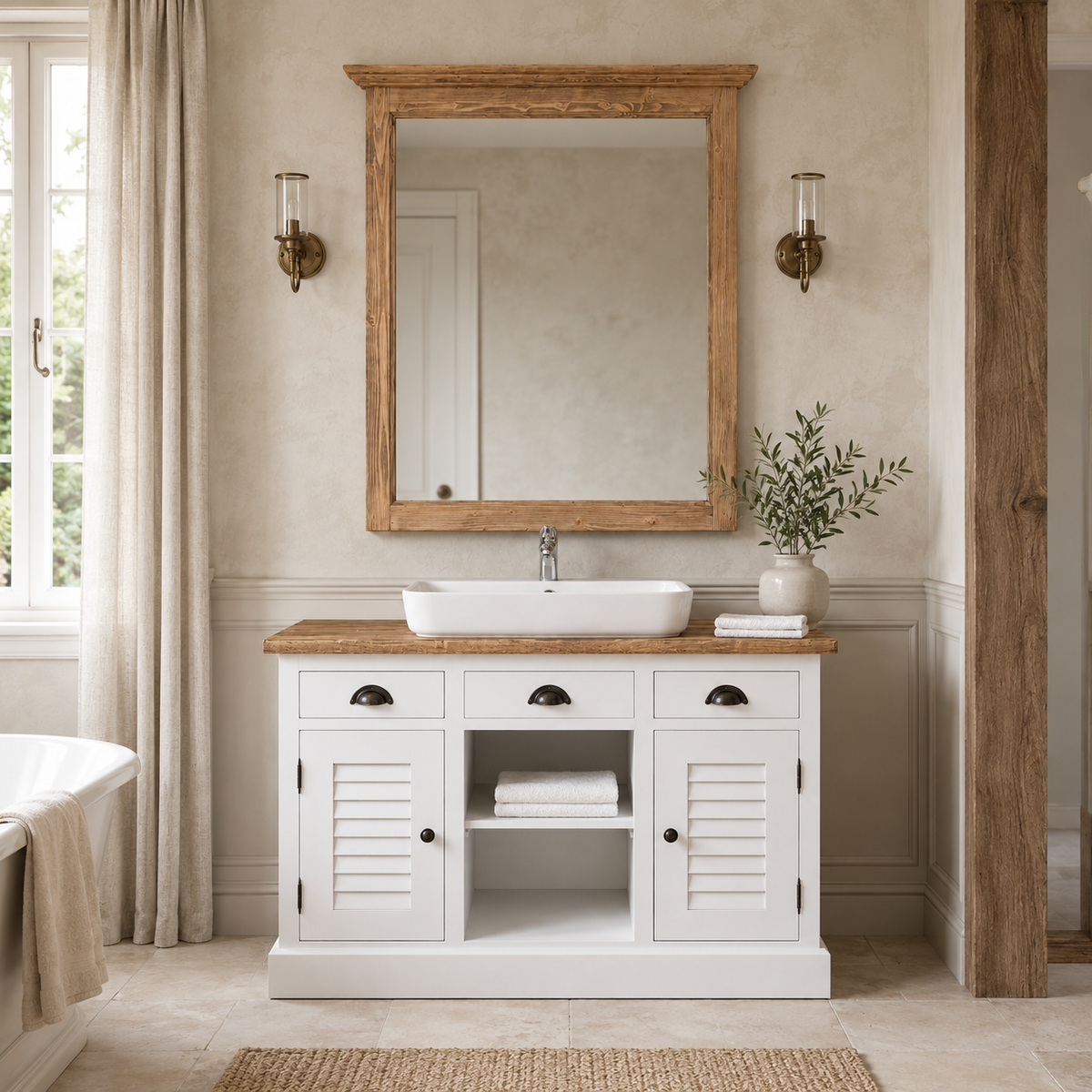 Farmhouse Hampton vanity with wood-framed mirror styled in a bright country bathroom, 120 cm wide