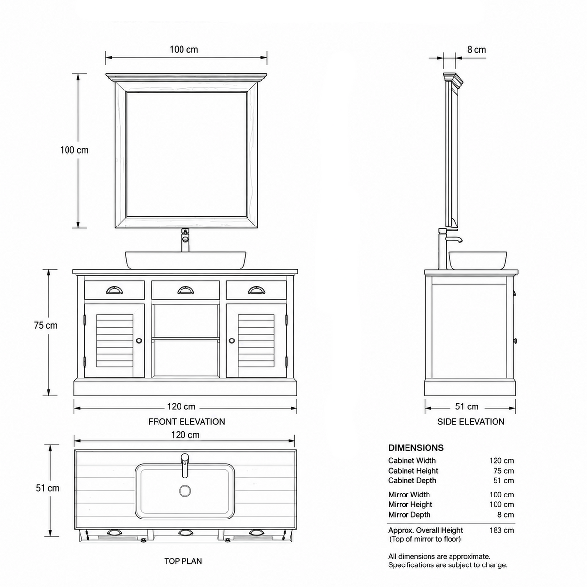 Technical line drawing of Hampton vanity and mirror with front, side and top elevations, 120 x 51 x 75 cm