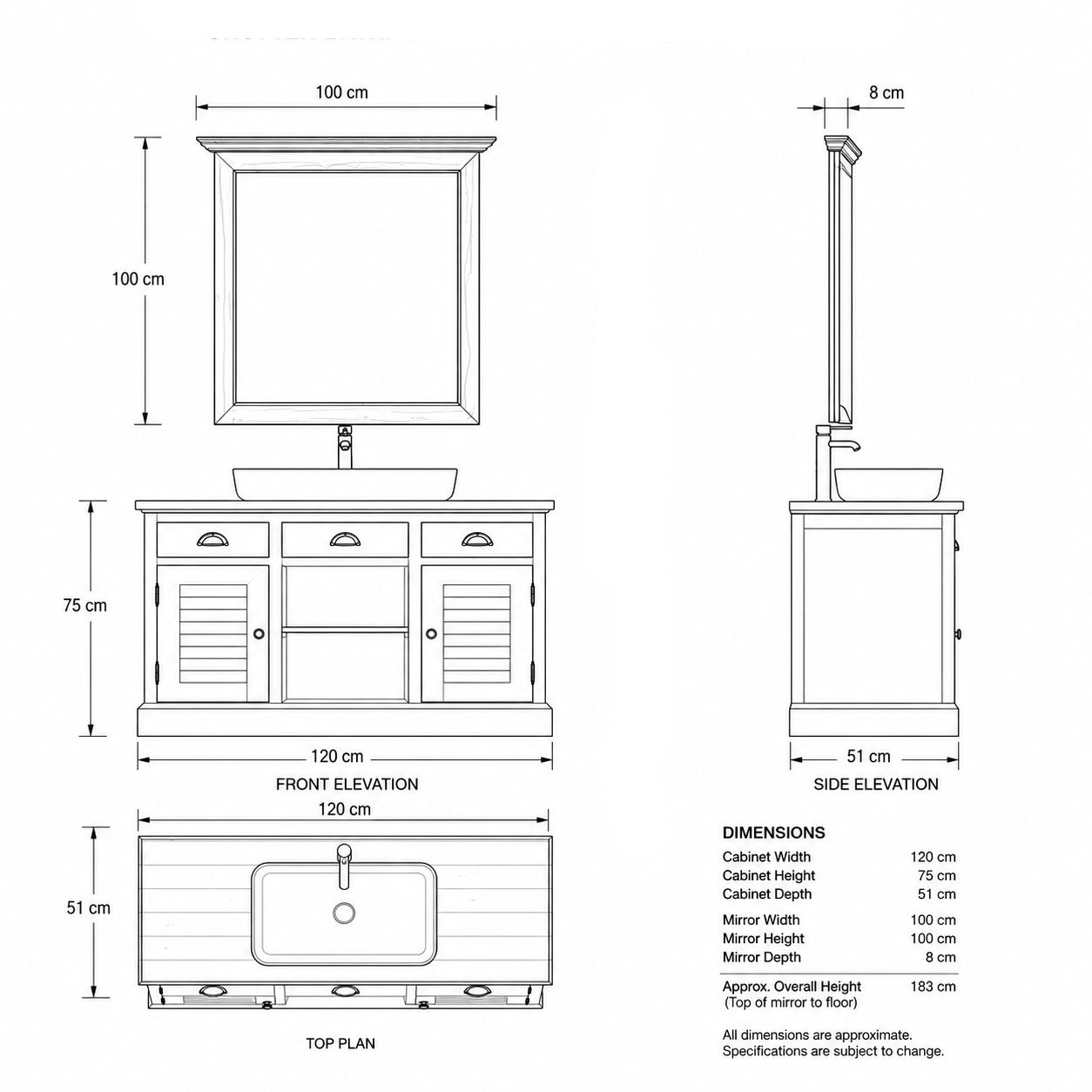 Bathroom Furniture Set Hampton - White & Natural Wood Vanity with Mirror - 120 x 51 x 75 cm