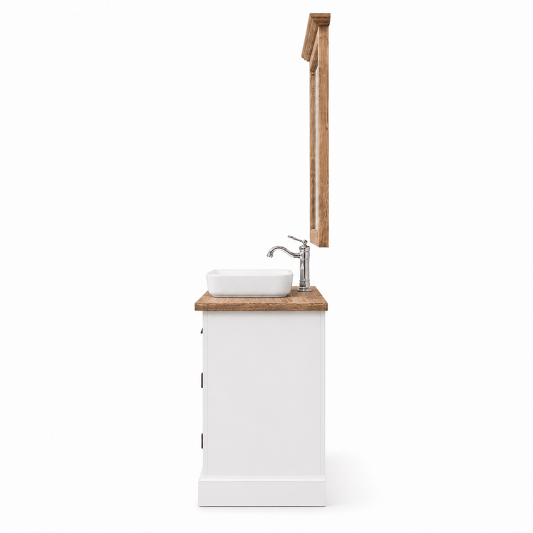Side profile of the white Hampton bathroom vanity with natural wood top and wall mirror, 51 cm deep
