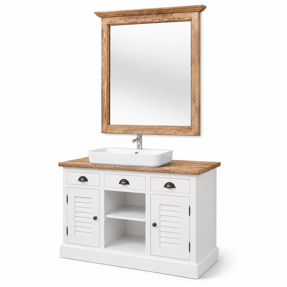 Country farmhouse Hampton bathroom vanity and mirror set with white shutter doors, three-quarter view