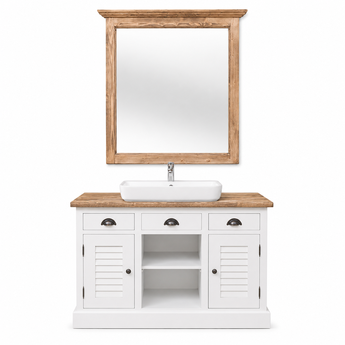 Farmhouse white Hampton bathroom vanity with natural wood top, mirror and louvered doors, front view