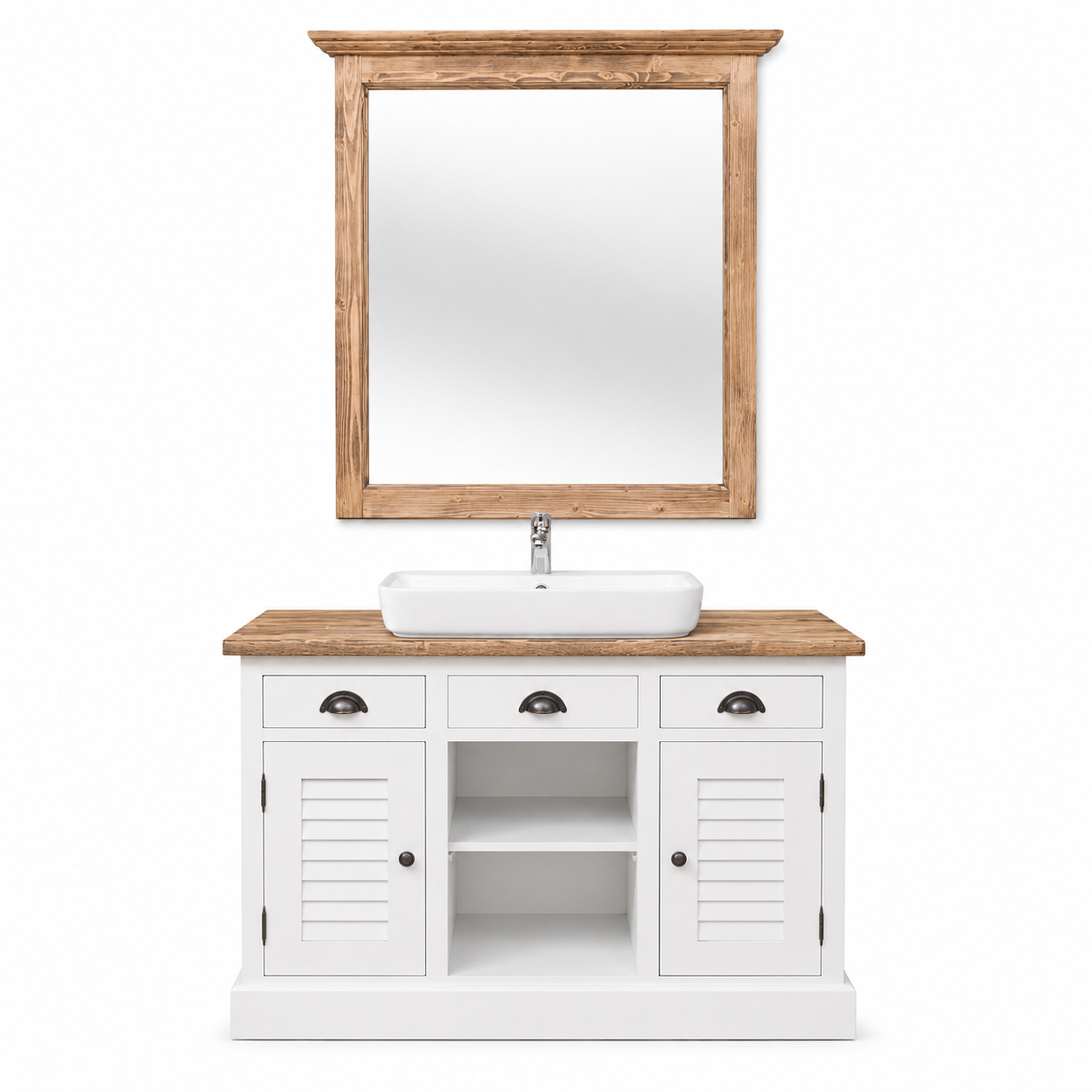 Bathroom Furniture Set Hampton - White & Natural Wood Vanity with Mirror - 120 x 51 x 75 cm