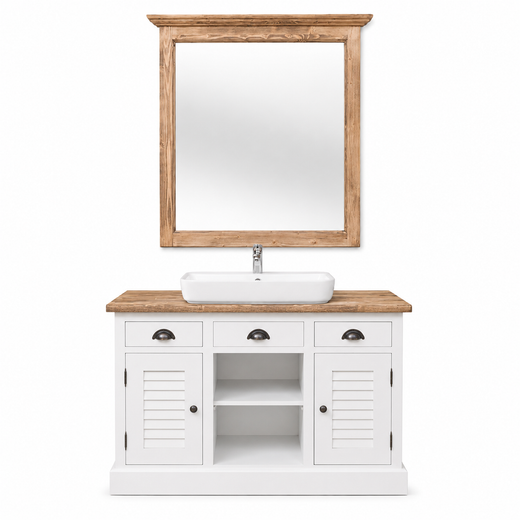 Farmhouse white Hampton bathroom vanity with natural wood top, mirror and louvered doors, front view
