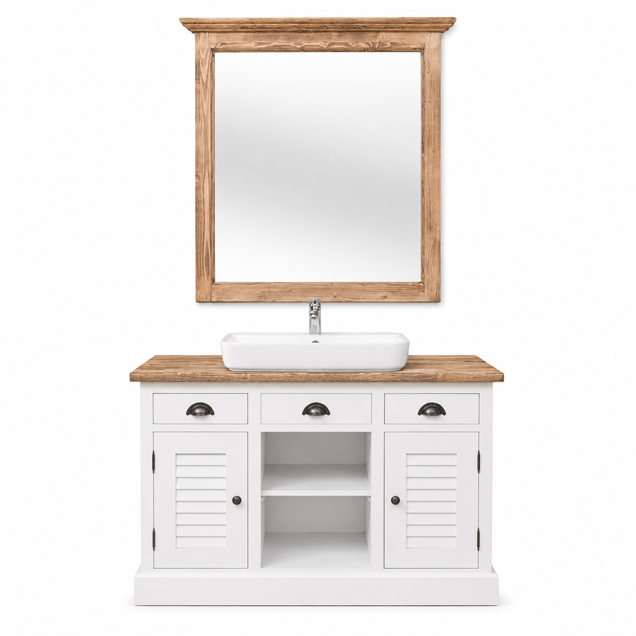 Bathroom Furniture Set Hampton - White & Natural Wood Vanity with Mirror - 120 x 51 x 75 cm