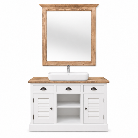 Farmhouse white Hampton bathroom vanity with natural wood top, mirror and louvered doors, front view