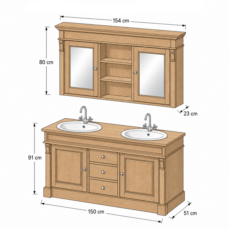 Dimensioned drawing of the Hartwell double vanity and mirror cabinet, 150 x 51 x 91 cm