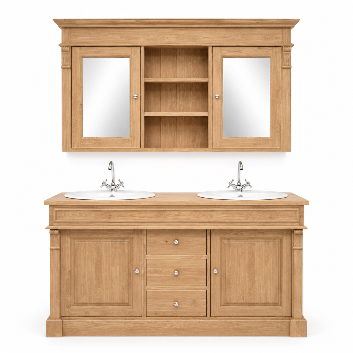 Traditional solid oak Hartwell double vanity and mirror cabinet bathroom set, 150 cm wide, front view