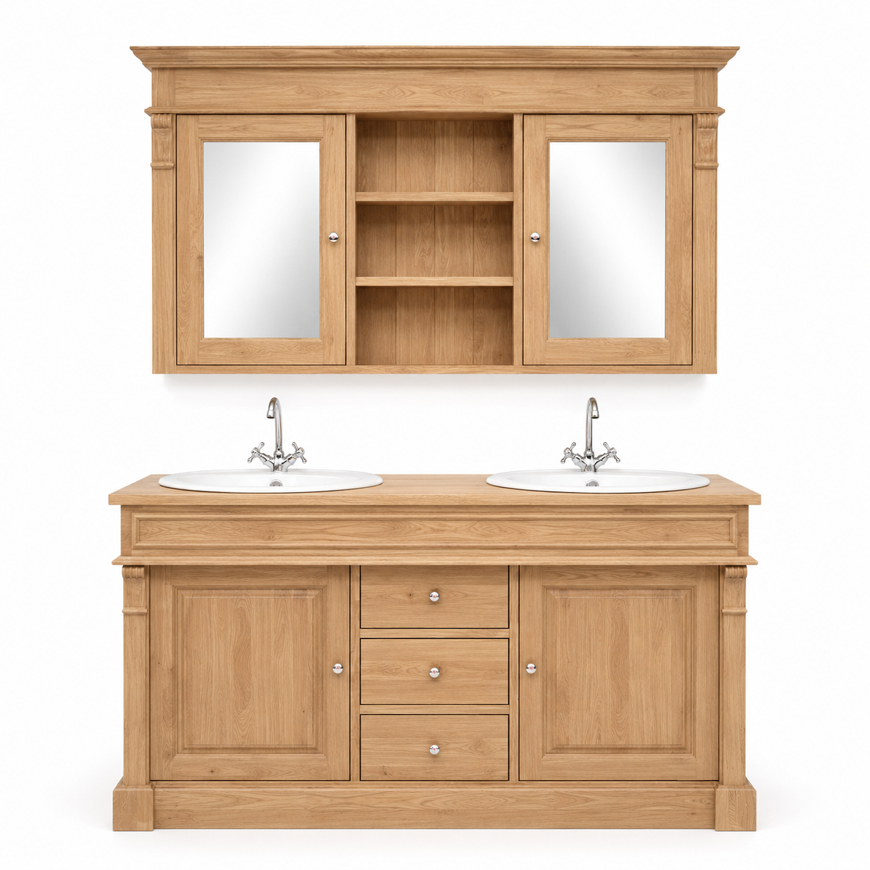 Bathroom Furniture Set Hartwell - Solid Oak Double Vanity with Mirror Cabinet - 150 x 51 x 91 cm