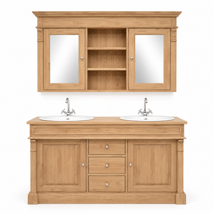Traditional solid oak Hartwell double vanity and mirror cabinet bathroom set, 150 cm wide, front view