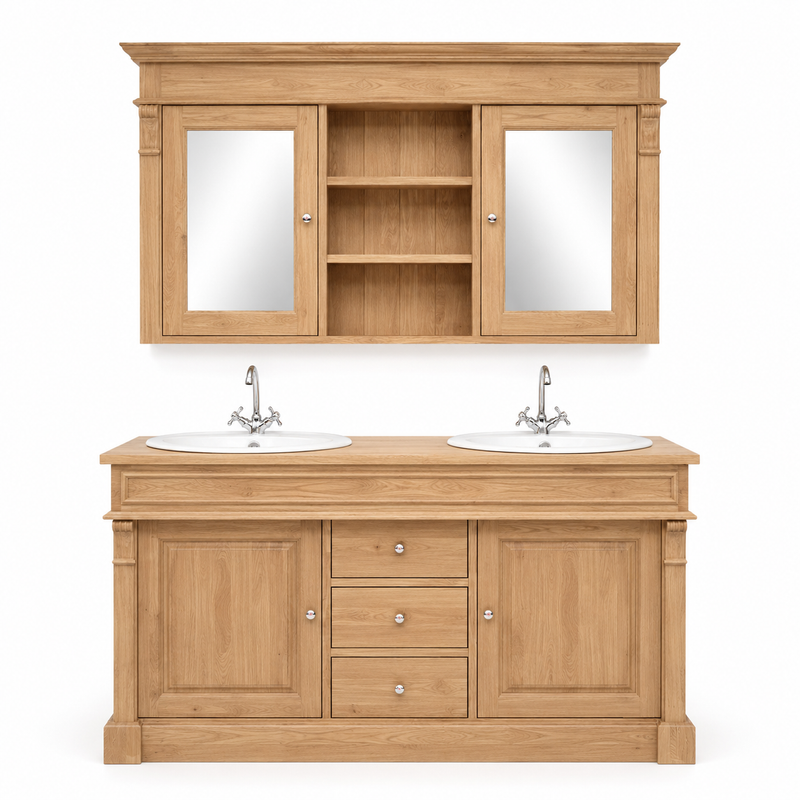 Ensemble de meubles de salle de bains Hartwell - Solid Oak Double Vanity avec armoire miroir - 150 x 51 x 91 cm