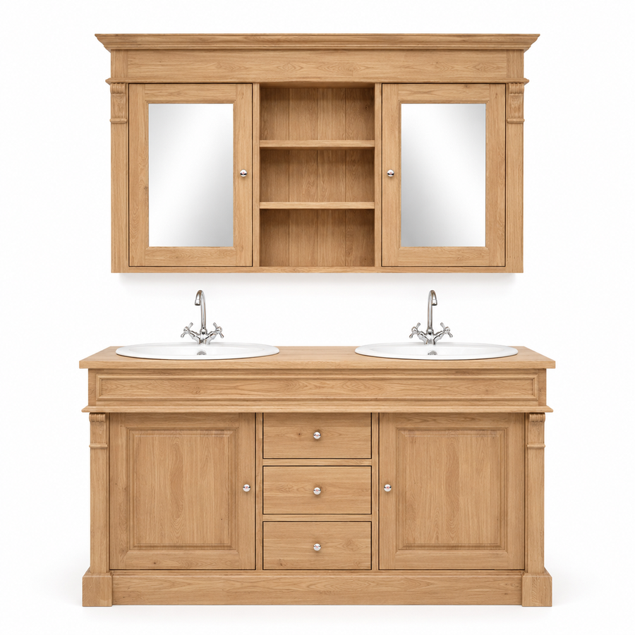 Bathroom Furniture Set Hartwell - Solid Oak Double Vanity with Mirror Cabinet - 150 x 51 x 91 cm