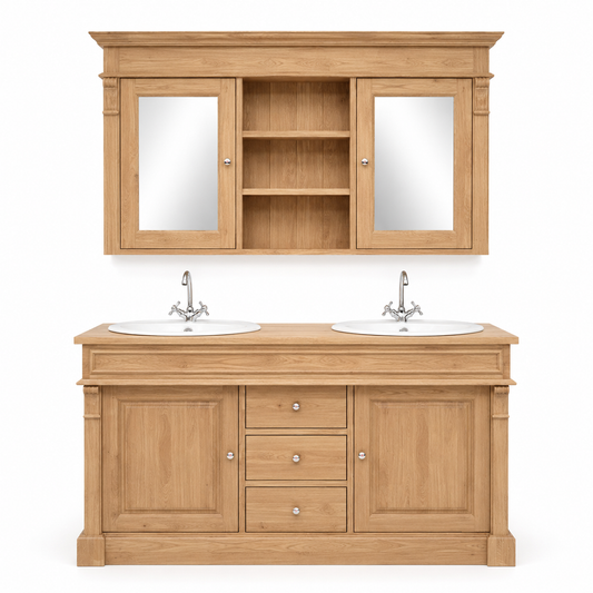 Traditional solid oak Hartwell double vanity and mirror cabinet bathroom set, 150 cm wide, front view