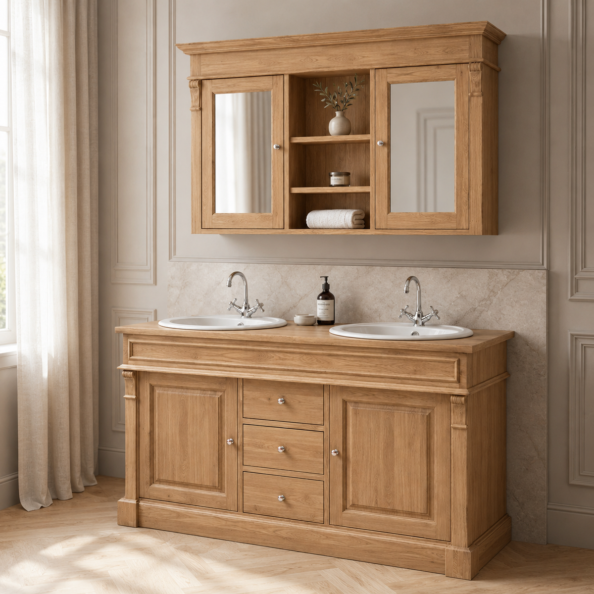 Traditional oak Hartwell double vanity and mirror cabinet styled in a luxury bathroom with marble splashback