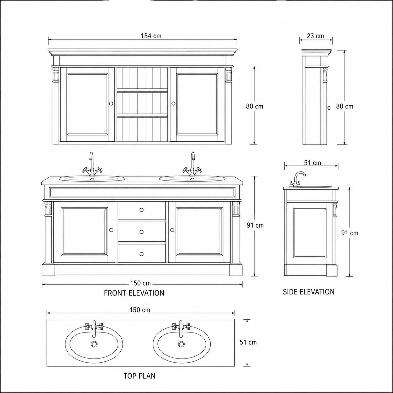 Bathroom Furniture Set Hartwell - Solid Oak Double Vanity with Mirror Cabinet - 150 x 51 x 91 cm