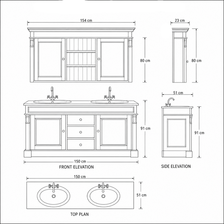 Technical line drawing of the Hartwell vanity set with front, side and top elevations, 150 x 51 x 91 cm