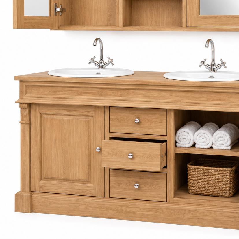 Open soft-close drawer of the solid oak Hartwell vanity beside shelves with rolled towels and basket