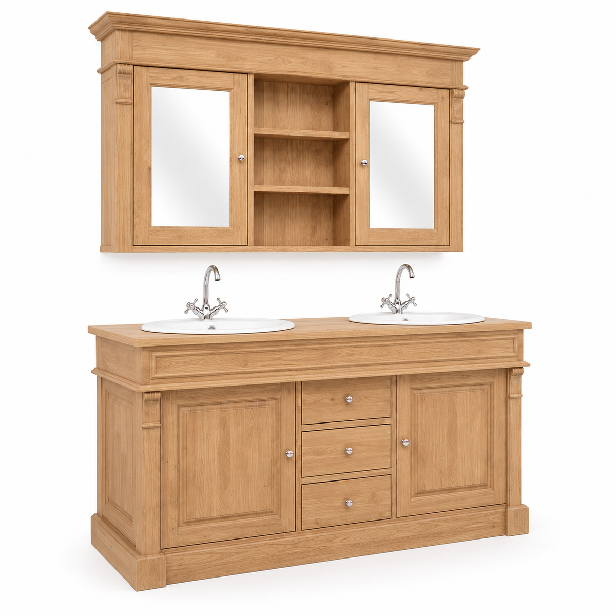 Country-style solid oak Hartwell double vanity set with mirror cabinet, angled view showing panelled doors