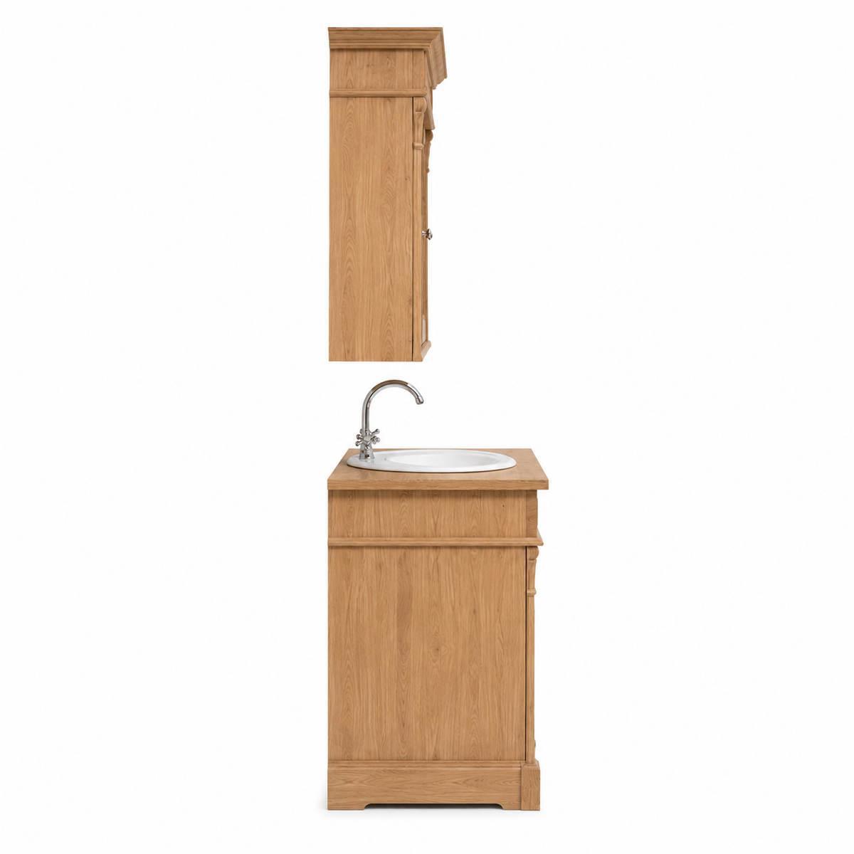 Country-style solid oak Hartwell double vanity and mirror cabinet shown in side profile view