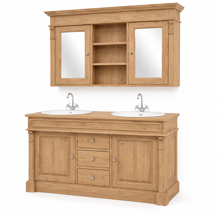 Natural oak Hartwell double vanity set with two basins and mirror cabinet, three-quarter angled view