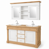 Bathroom Furniture Set Hartwell - White & Solid Oak Double Vanity with Mirror Cabinet - 150 x 51 x 91 cm