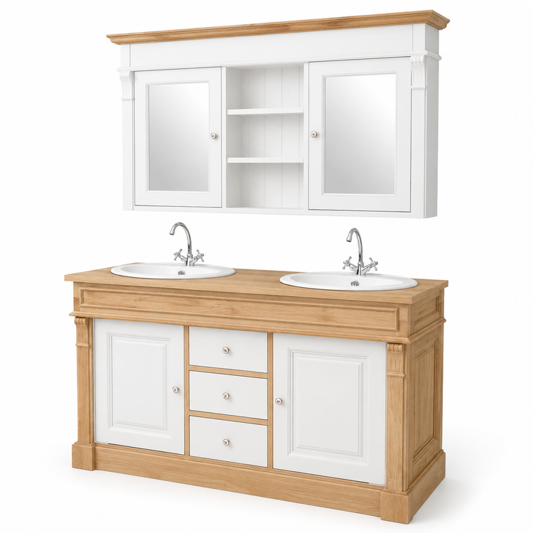 Solid oak and white Hartwell double vanity with white ceramic knobs and chrome taps, angled view
