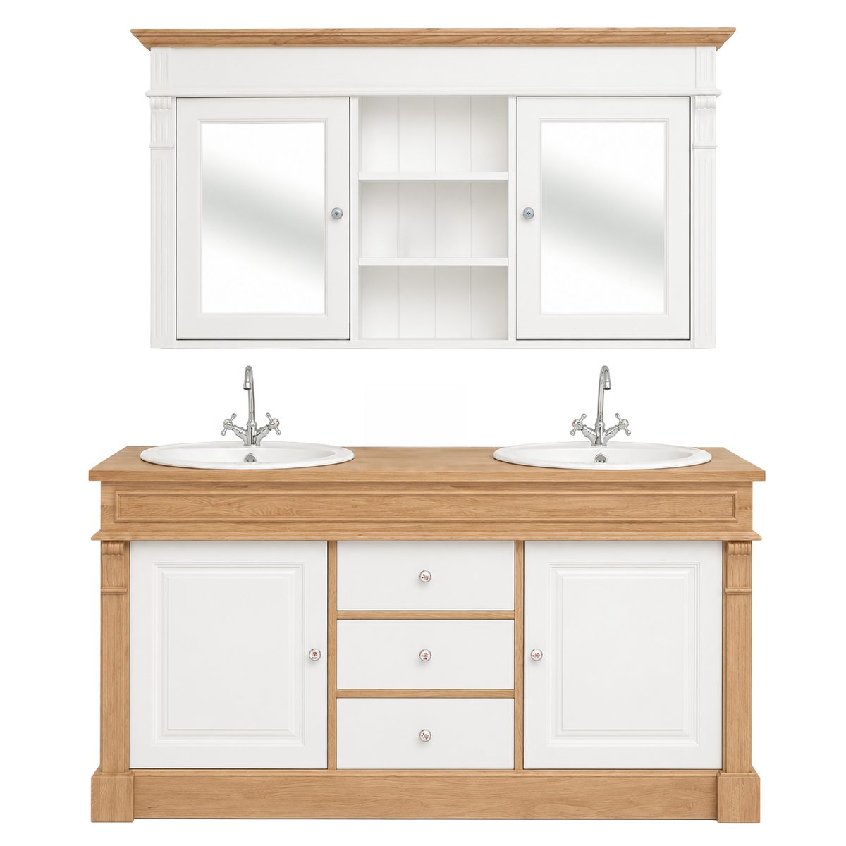 Classic white and oak Hartwell double vanity with mirror cabinet, 150 cm wide, front view