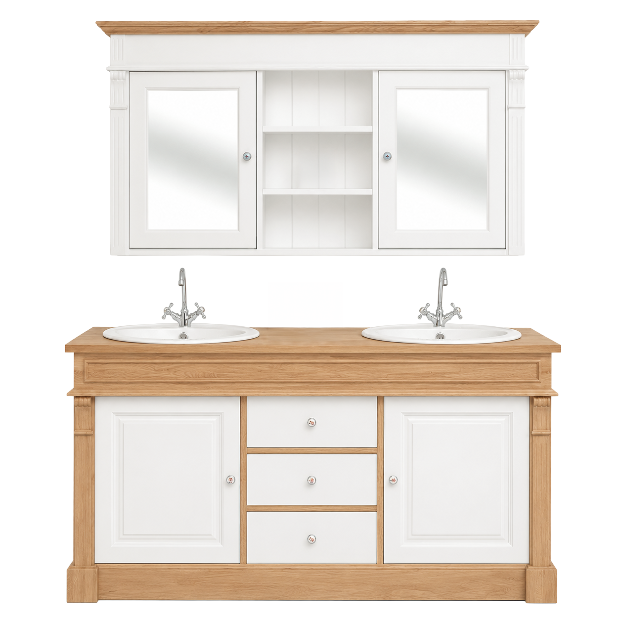 Bathroom Furniture Set Hartwell - White & Solid Oak Double Vanity with Mirror Cabinet - 150 x 51 x 91 cm