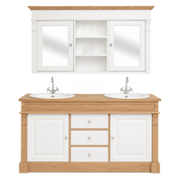Bathroom Furniture Set Hartwell - White & Solid Oak Double Vanity with Mirror Cabinet - 150 x 51 x 91 cm