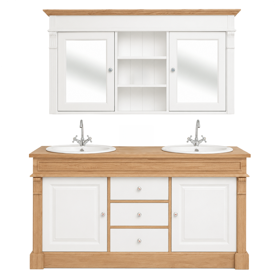 Bathroom Furniture Set Hartwell - White & Solid Oak Double Vanity with Mirror Cabinet - 150 x 51 x 91 cm