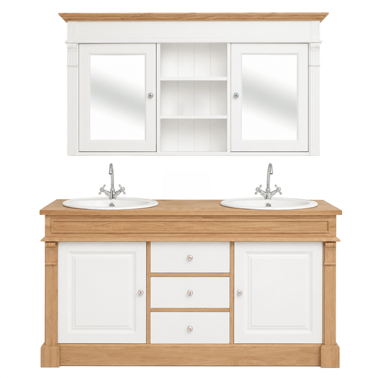 Classic white and oak Hartwell double vanity with mirror cabinet, 150 cm wide, front view