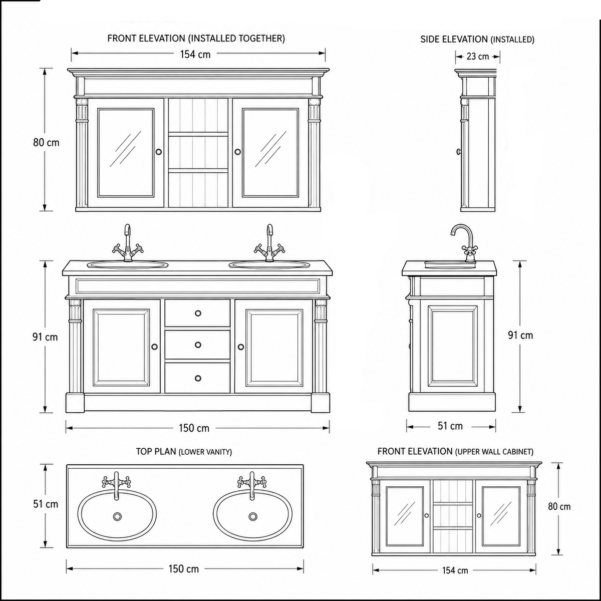 Technical blueprint of the Hartwell double vanity showing front, side and top views with dimensions