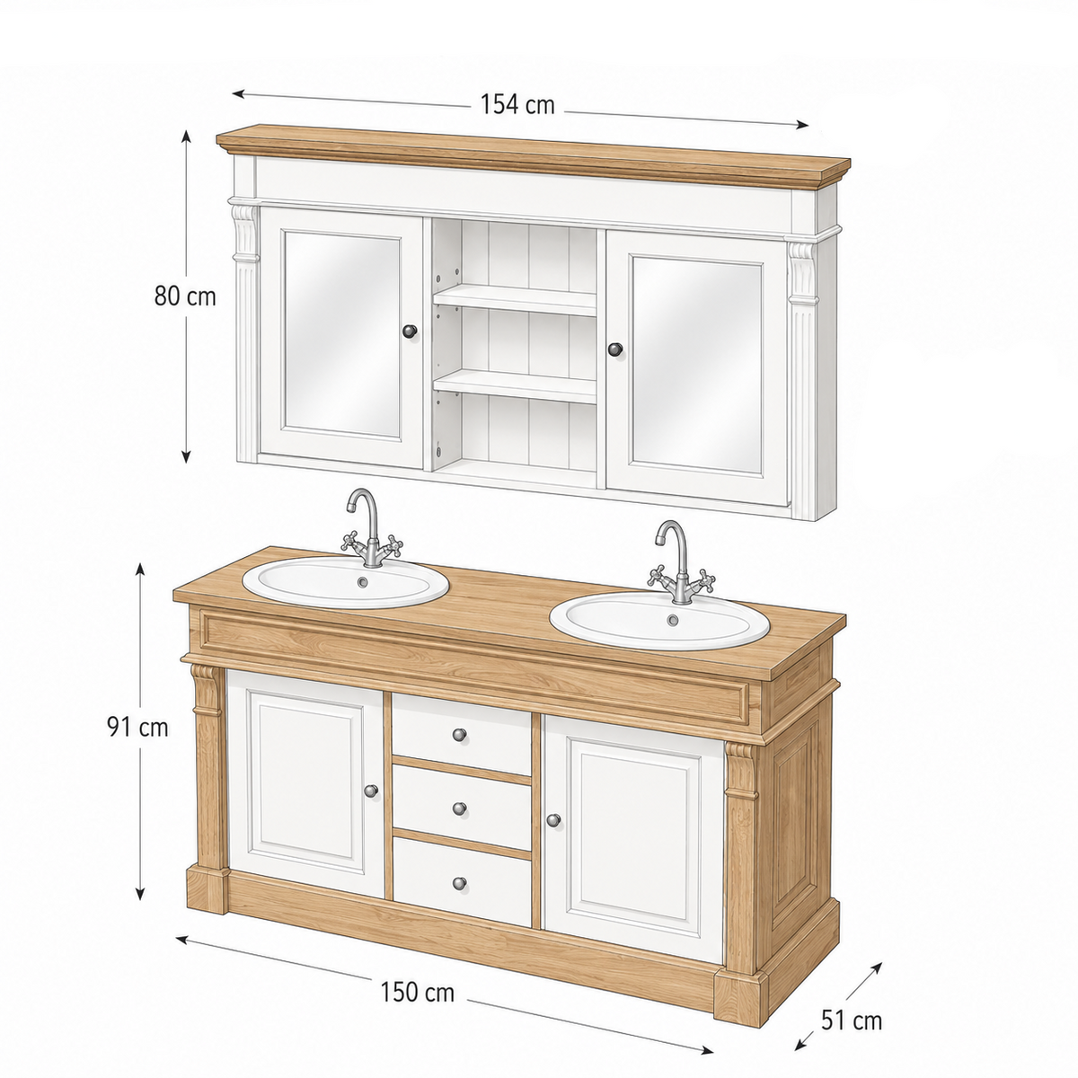 Dimensioned line drawing of the Hartwell double vanity and mirror cabinet, 150 x 51 x 91 cm